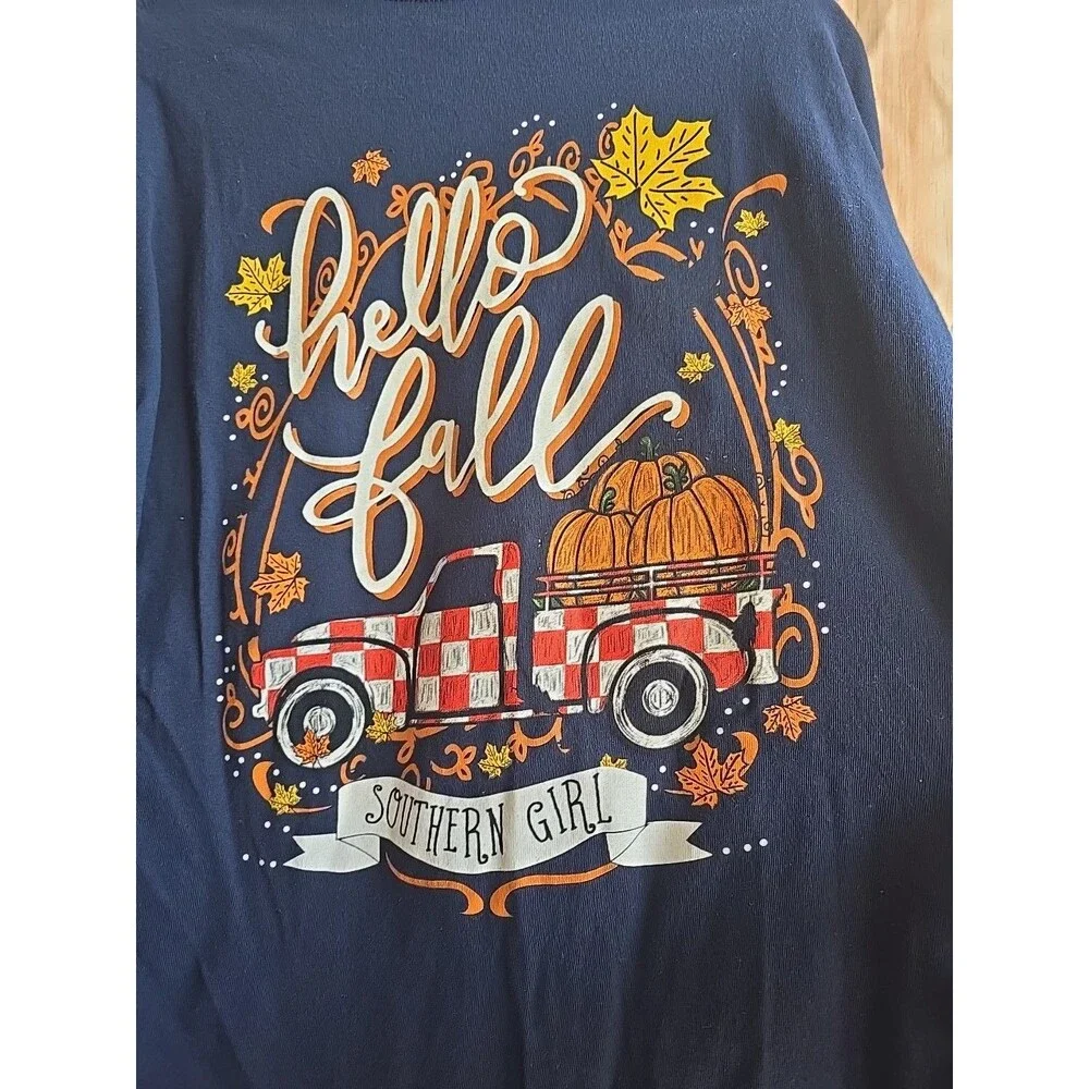 SOUTHERN GIRL Women's HELLO FALL PUMPKIN TRUCK LONG SLEEVE SHIRT LARGE NAVY BLUE - Picture 2 of 10